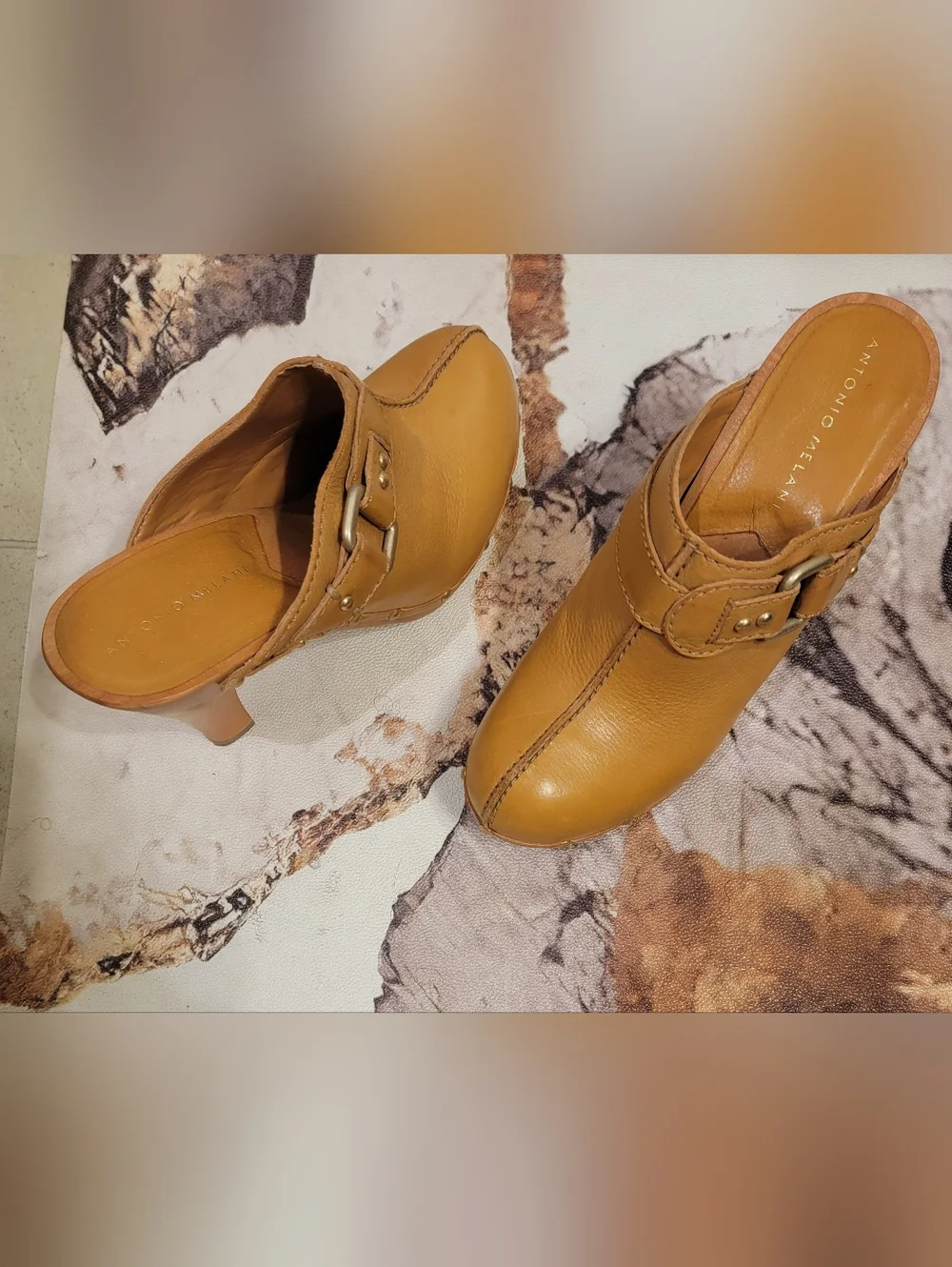 ANTONIO MELANI Tan Leather Heeled Clog Mules with Stud and Buckle - Picture 2 of 3